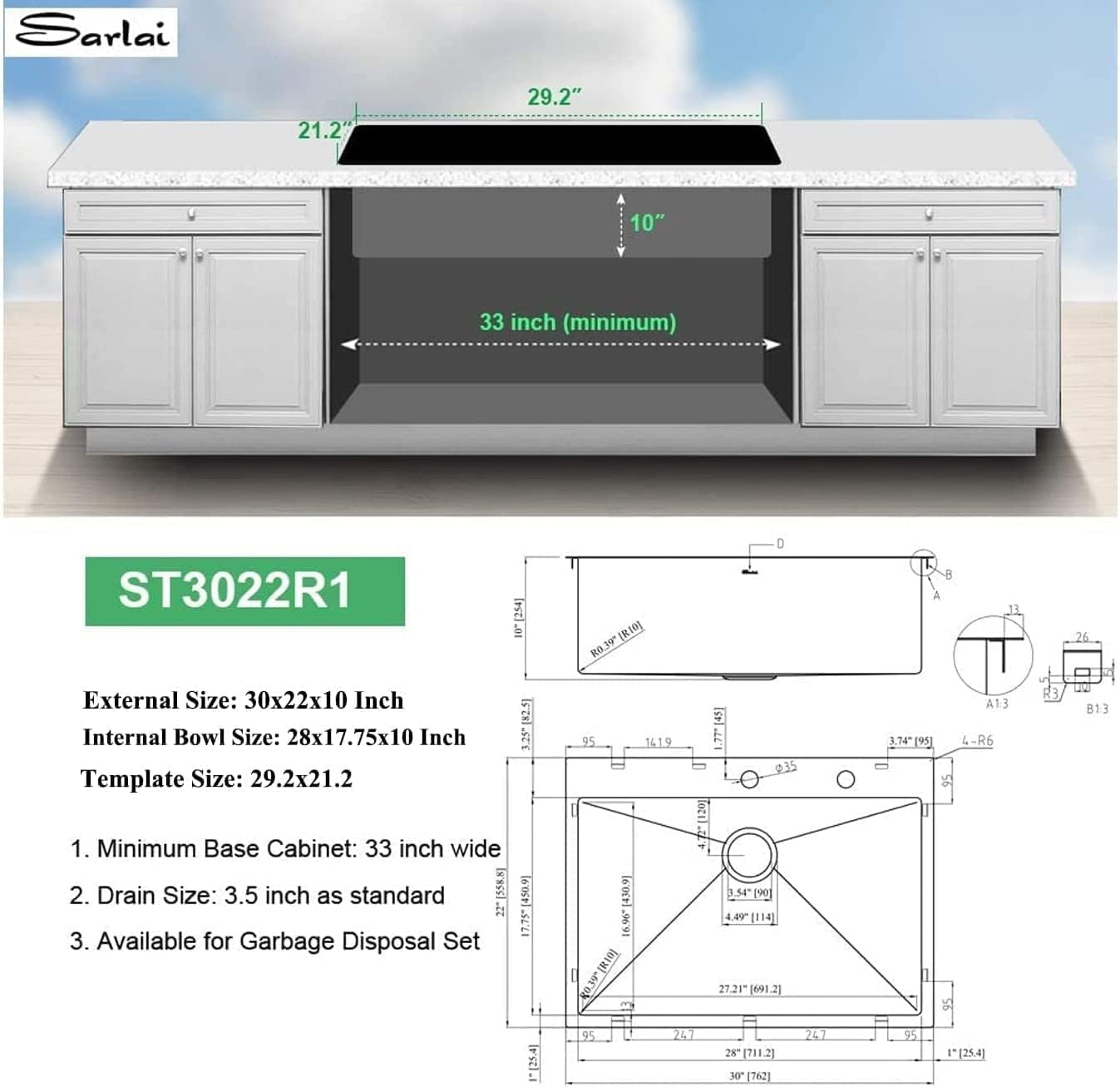 Sarlai 30in Single Bowl Topmount Stainless Steel Kitchen Sink
