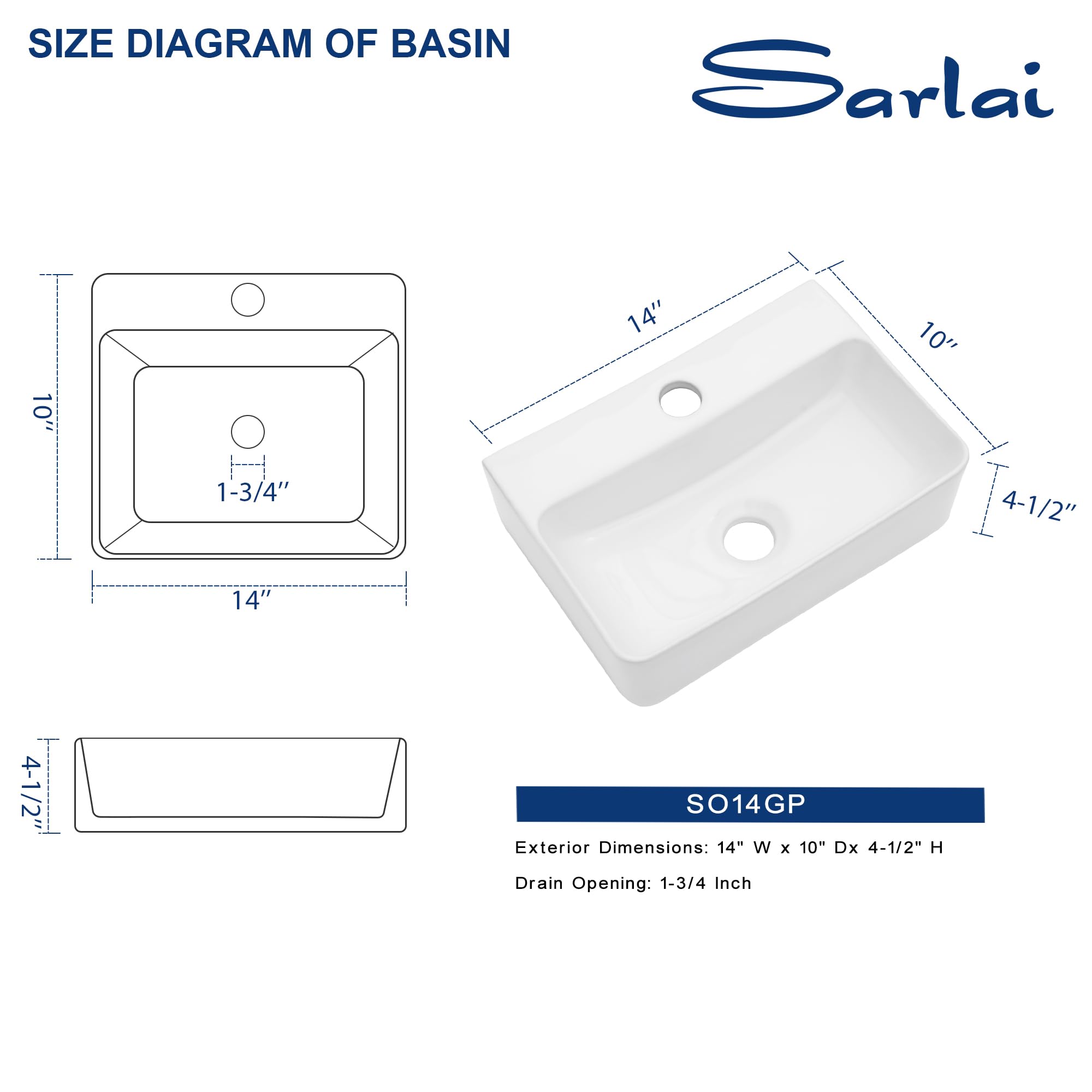 Sarlai 14in White Porcelain Ceramic Wall Mounted Floating Bathroom Sink