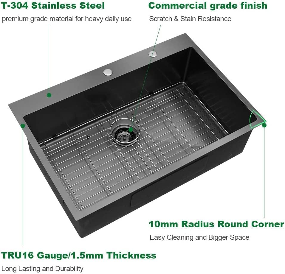 Sarlai 30in Single Bowl Topmount Stainless Steel Kitchen Sink