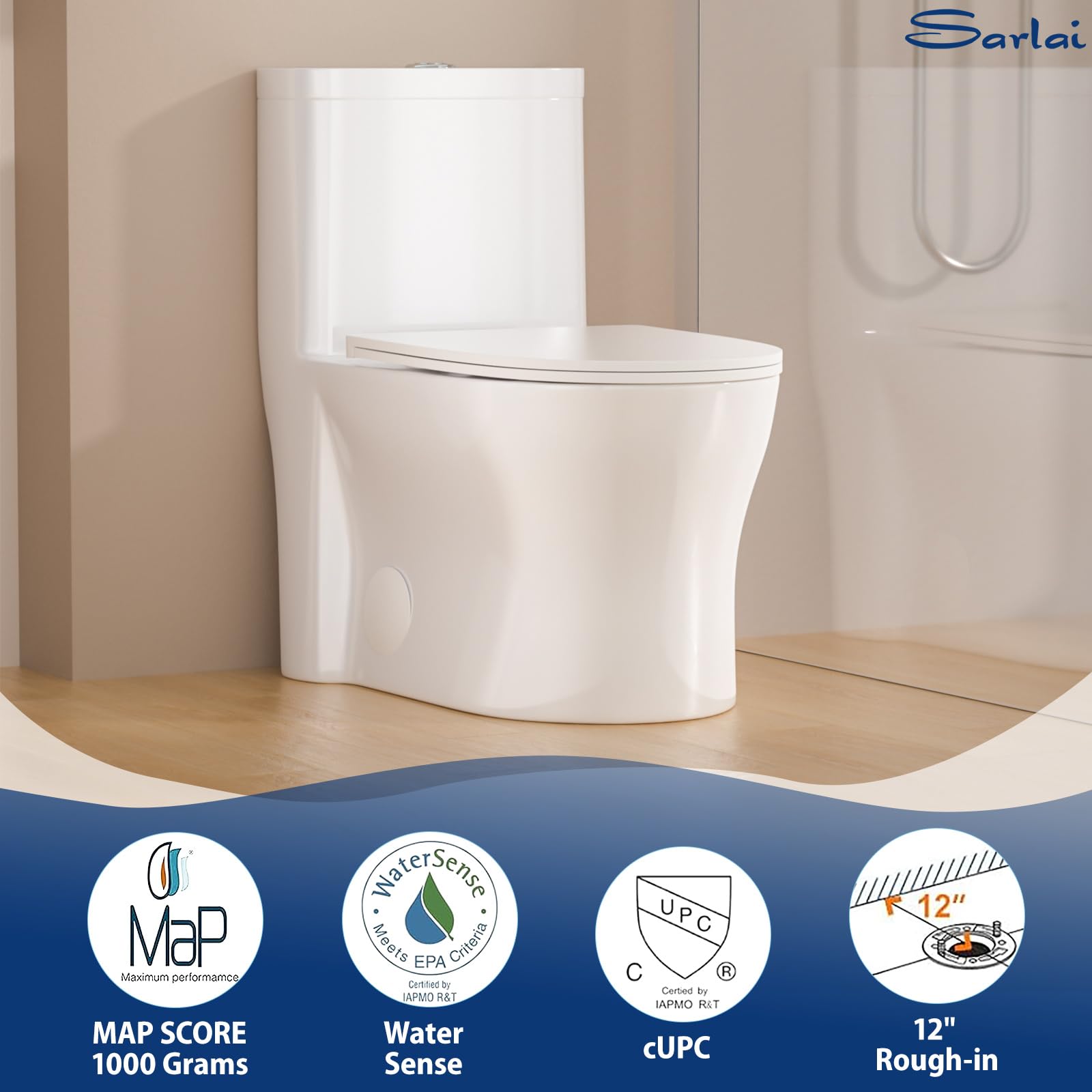 Sarlai One Piece Elongated ADA Height 17.3'' Comfort Chair Toilet, Dual Flush 1.1/1.6 GPF White Ceramic, 12'' Rough-In