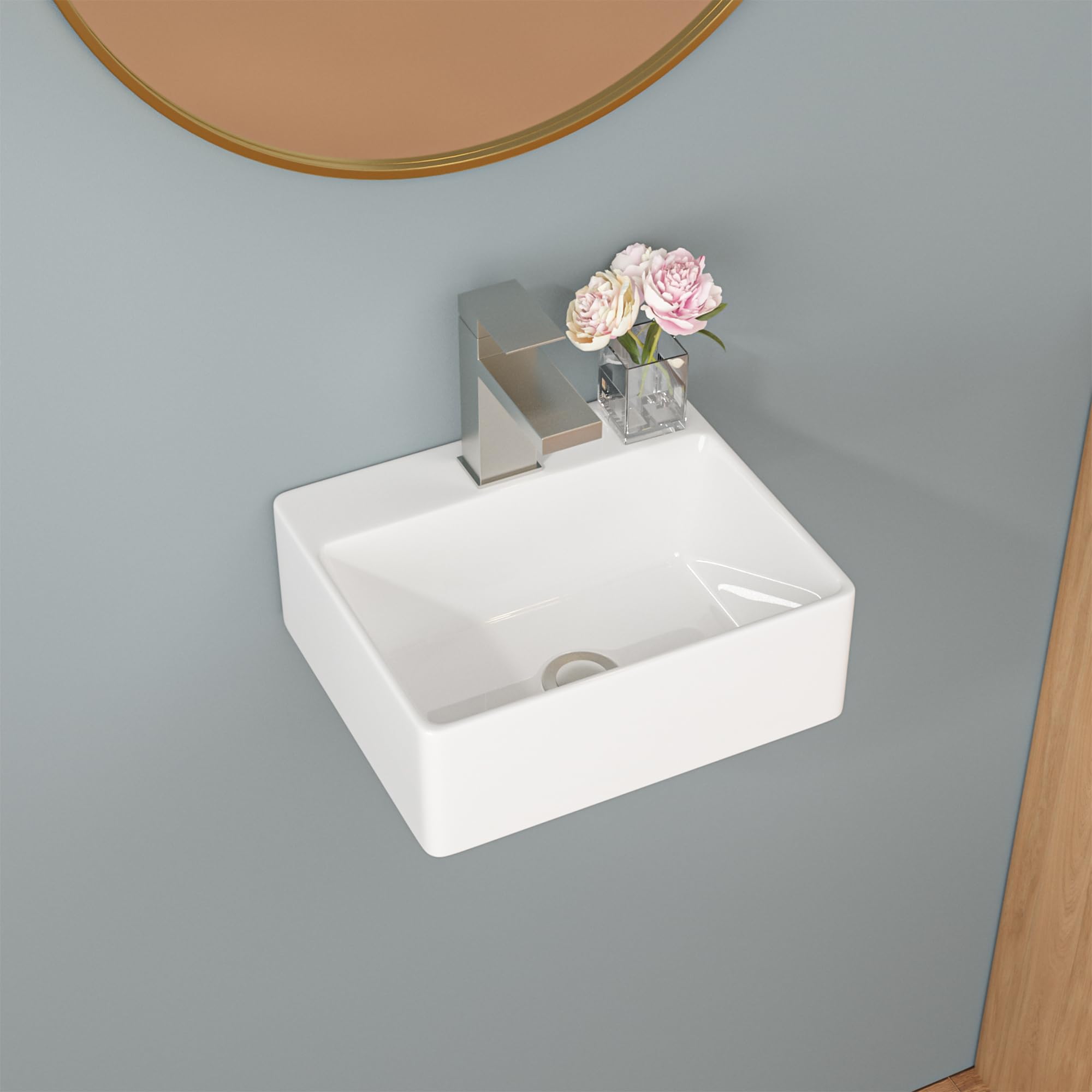 Sarlai Wall Mount Hung Small Vessel Sink - 13''x11'' Floating Vessel Sink Wall Mounted Small Bathroom Sinks Tiny Modern Rectangle Floating White Porcelain Ceramic Vanity Sink