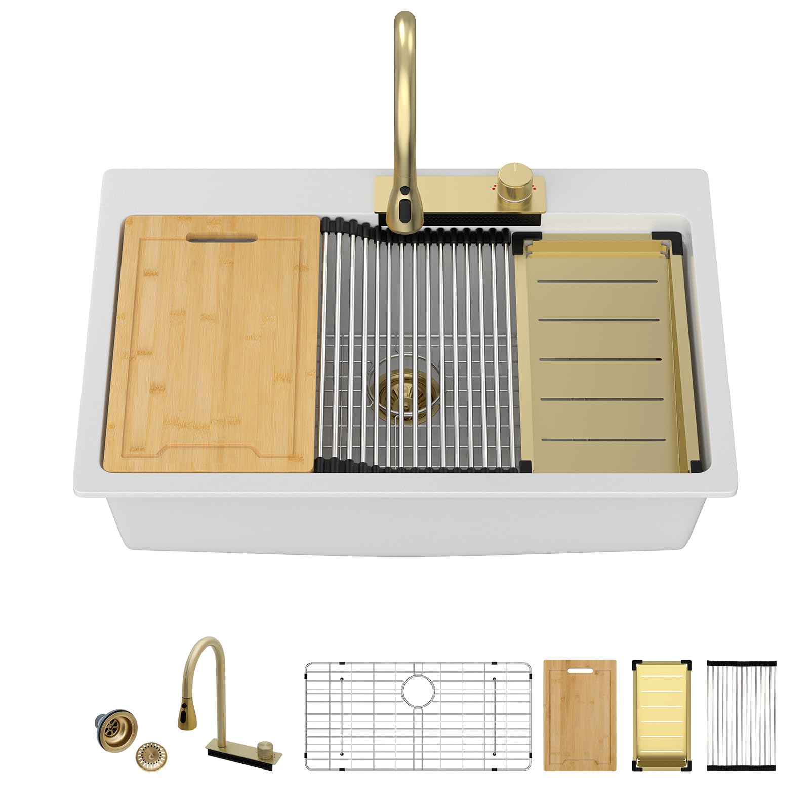 Sarlai 33'' x 22'' Quartz Waterfall Single Bowl Drop-in Workstation Kitchen Sink Main image