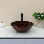 Sarlai 16.5''x16.5'' Brown Artistic Round Tempered Glass Bathroom Vessel Sink, Vanity Countertop Basin with Pop-up Drain