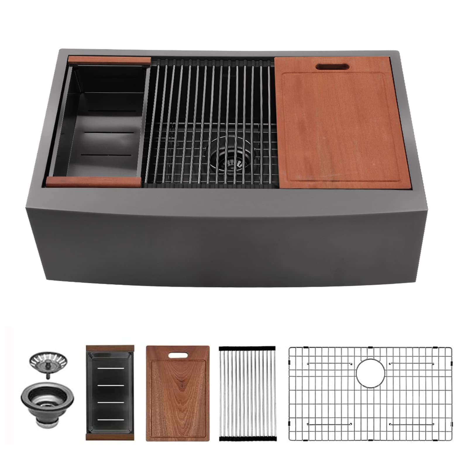 Sarlai 33in Stainless Steel Single Bowl Black NANO PVD Workstation Farmhouse Sink