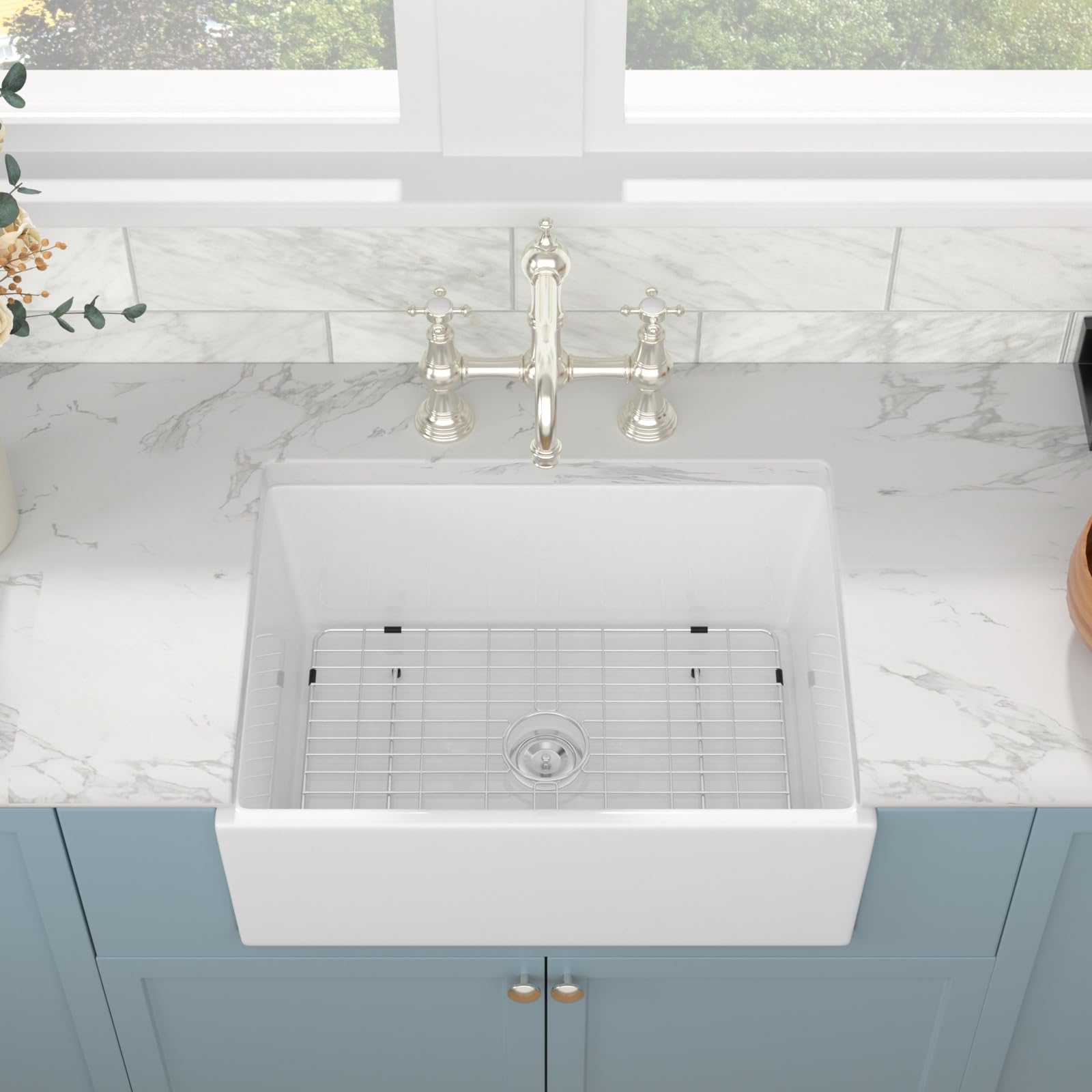 Sarlai 28''x20'' Apron Front Vitreous Fireclay Farmhouse Sink, Single Bowl White Porcelain Kitchen Farmer Basin