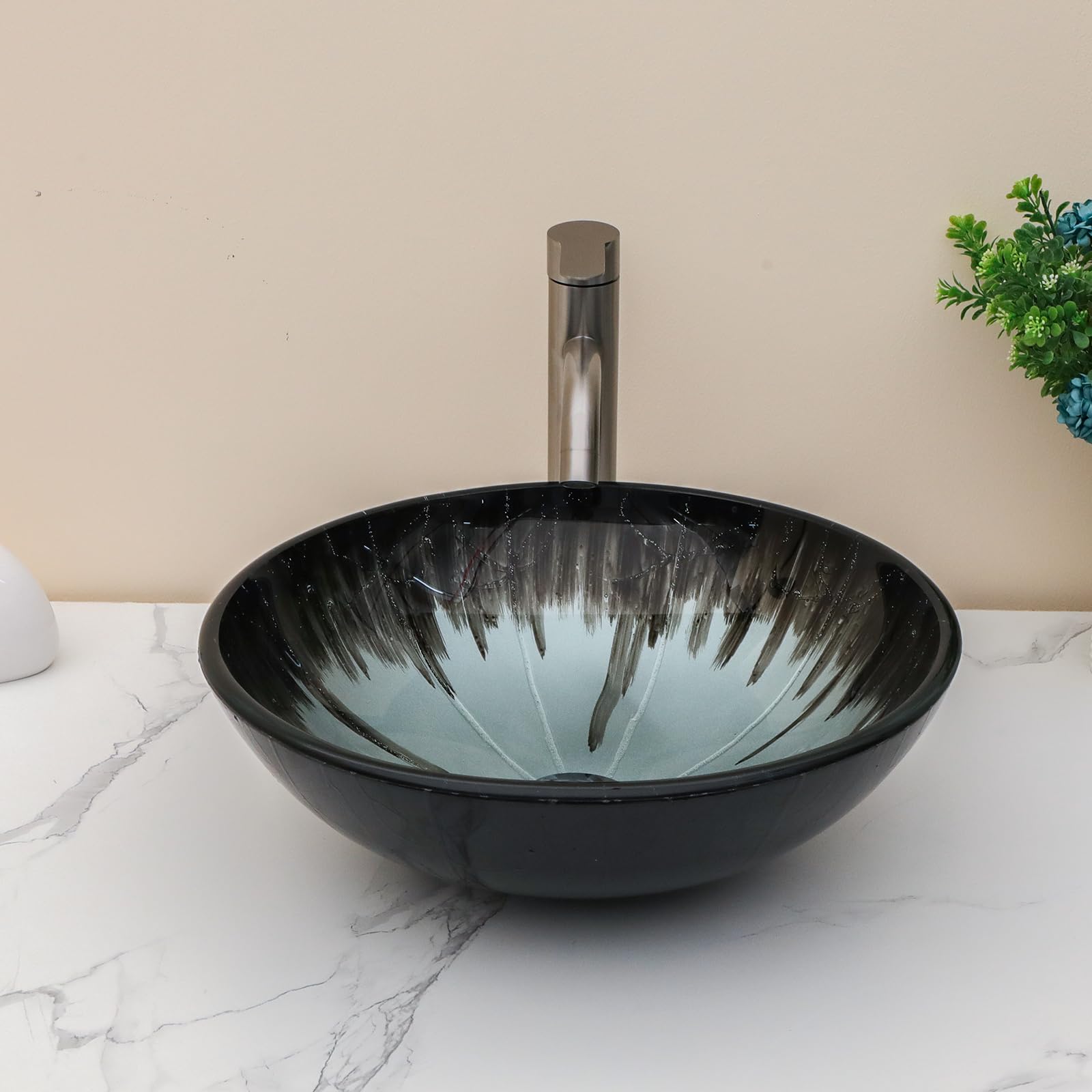 Sarlai 16.5''x16.5'' Black Round Tempered Glass Bathroom Vessel Sink, Countertop Basin with Pop-up Drain Combo