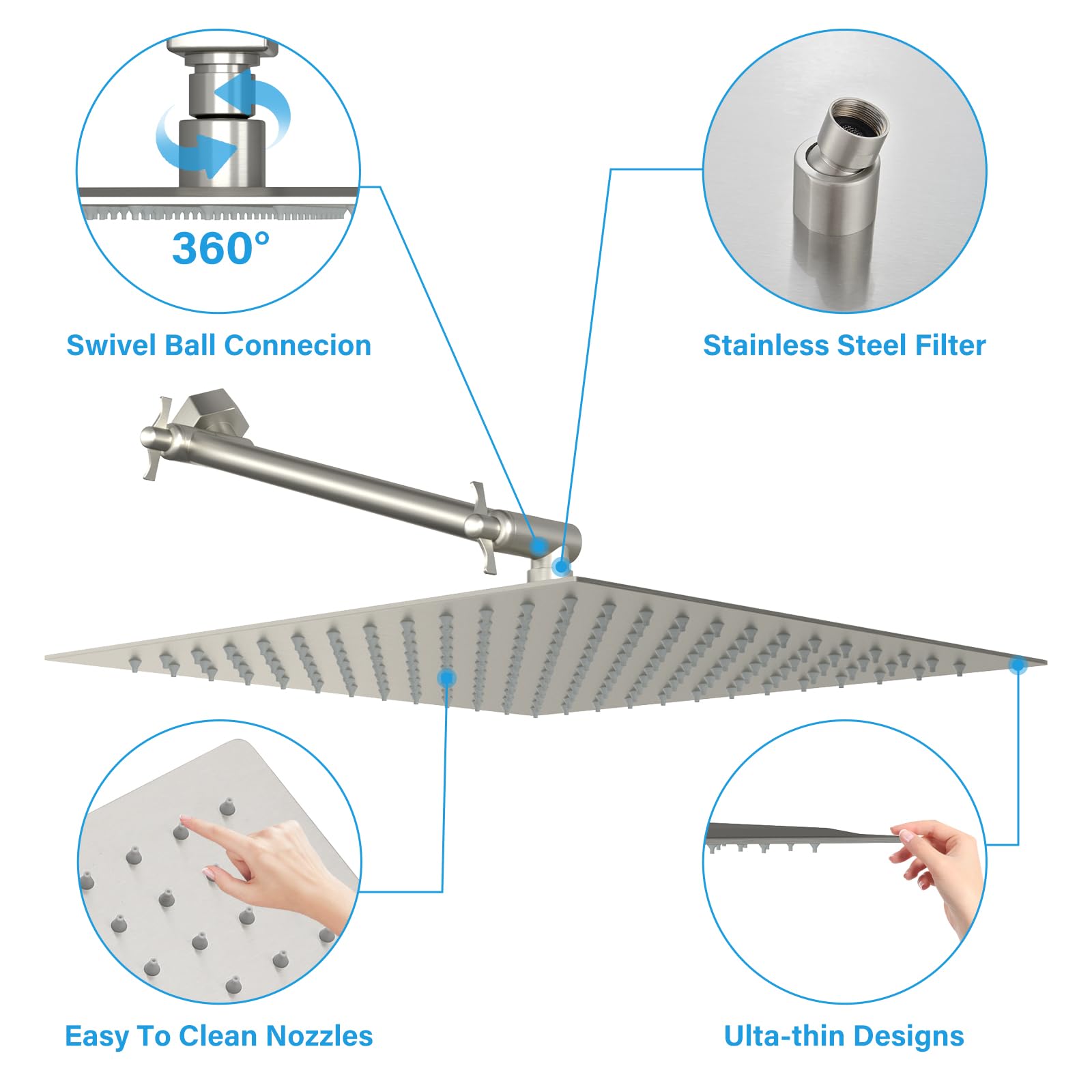 Sarlai 12'' Solid Square Ultra Thin 304 Stainless Steel Rain Shower Head, Brushed Nickel Finish with 11'' Solid Brass Adjustable Extension Shower Arm