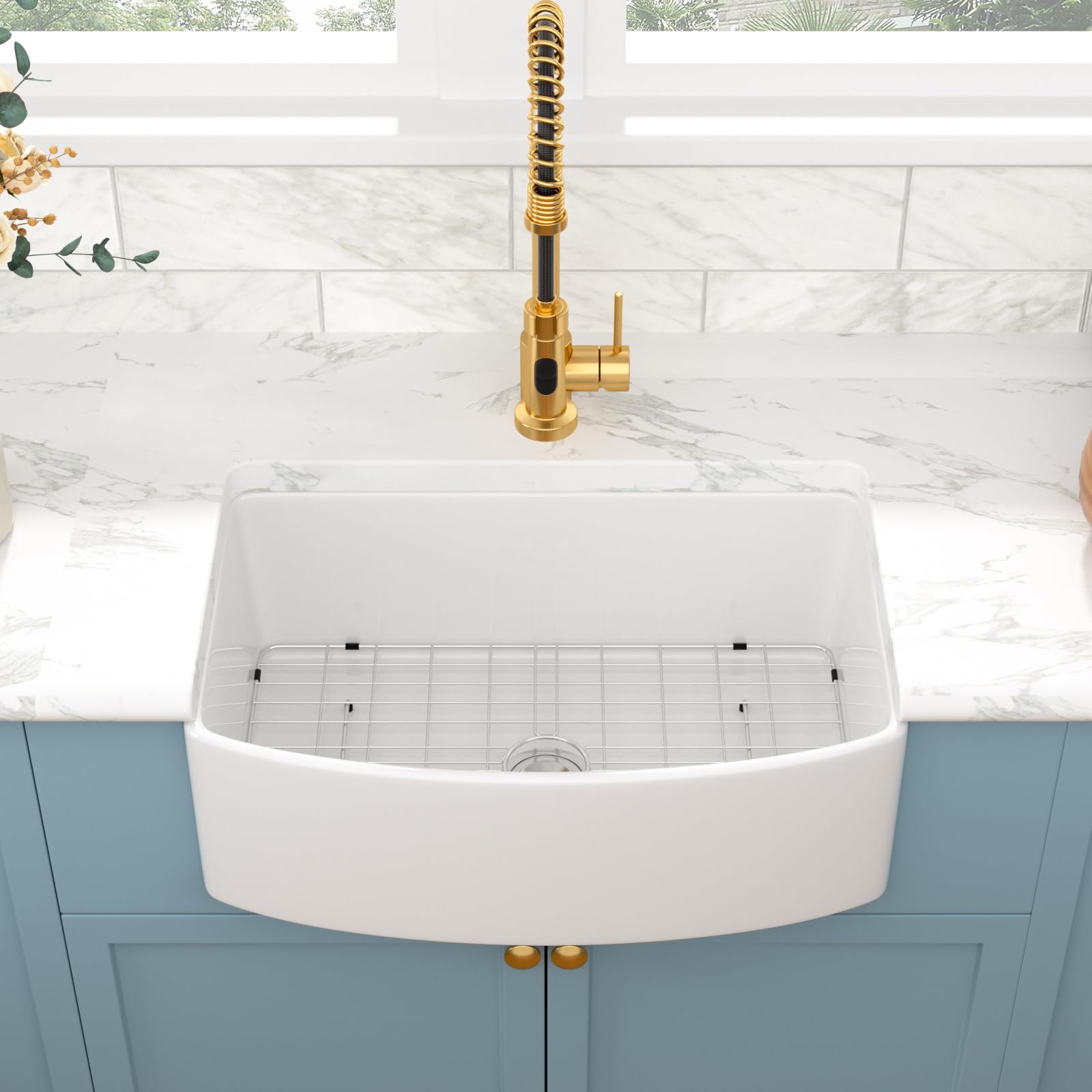 Sarlai 30'' Arch Curved Apron Front White Fireclay Farmhouse Sink, Single Bowl Porcelain Farm Kitchen Basin