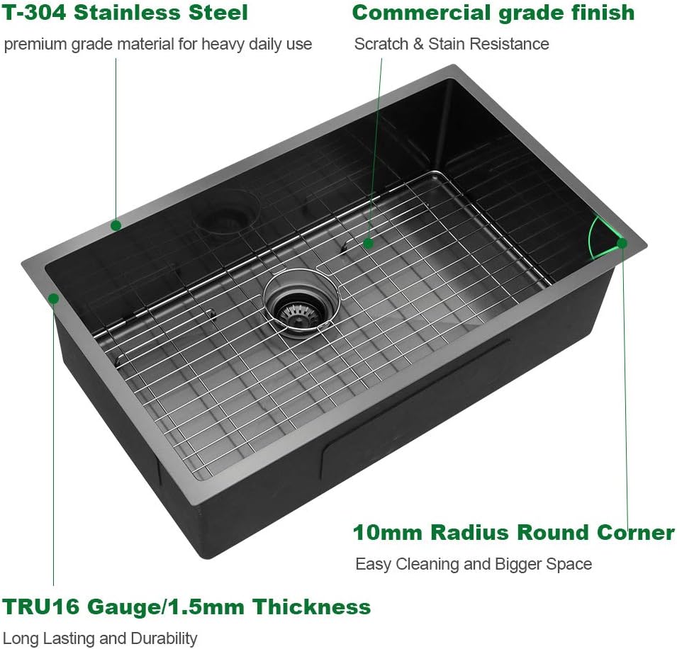 Sarlai 33'' Stainless Steel Single Bowl Gunmetal Black Undermount Kitchen Sink