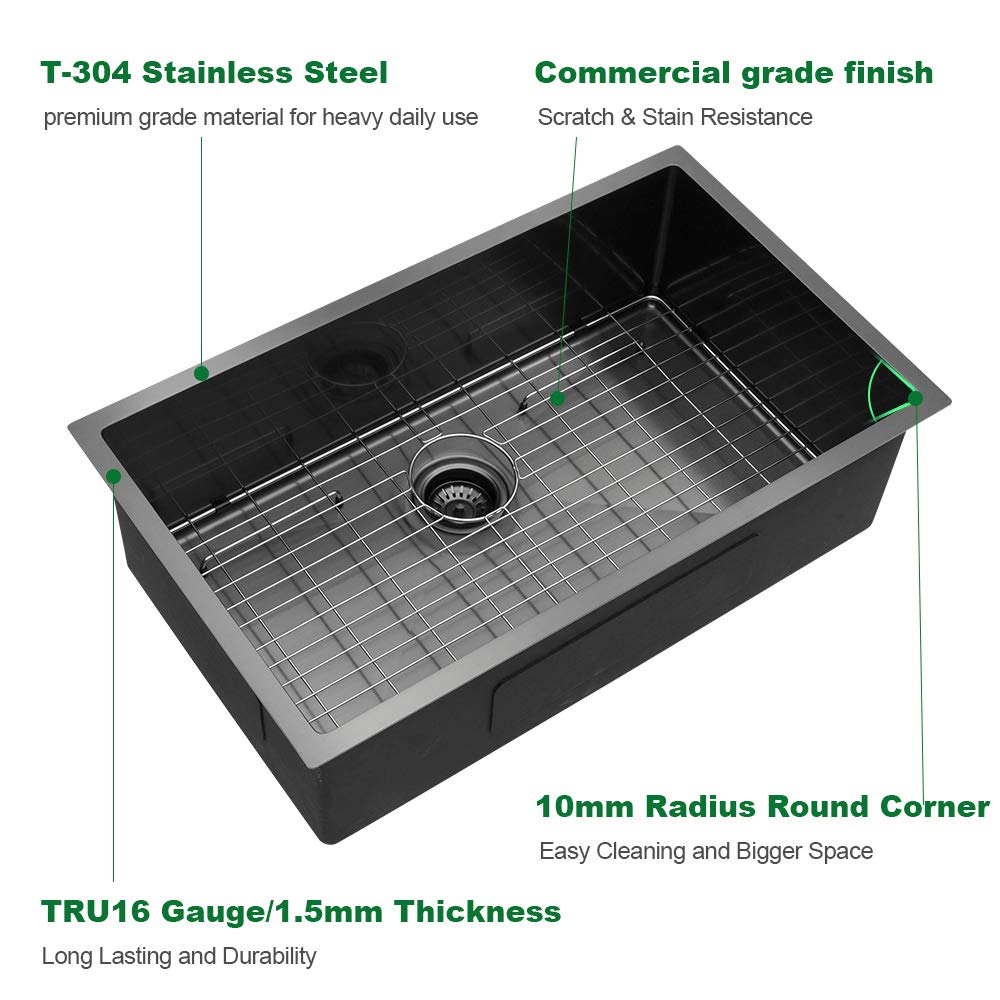 Sarlai 28in Undermount Gunmetal Black Single Bowl Stainless Steel Kitchen Sink