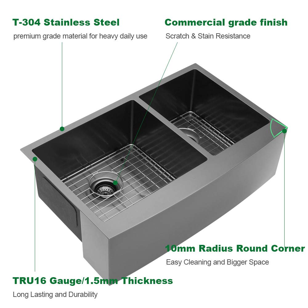 Sarlai 33'' Double Bowl 60/40 Gunmetal Black Apron Front Stainless Steel Farmhouse Sink