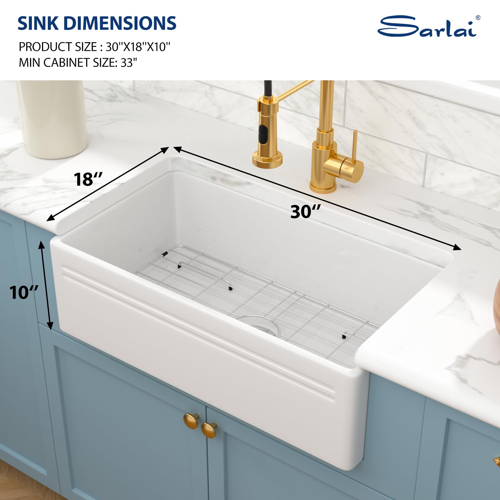 Sarlai 30'' x 18'' Ceramic White Apron Front Fireclay Farmhouse Sink