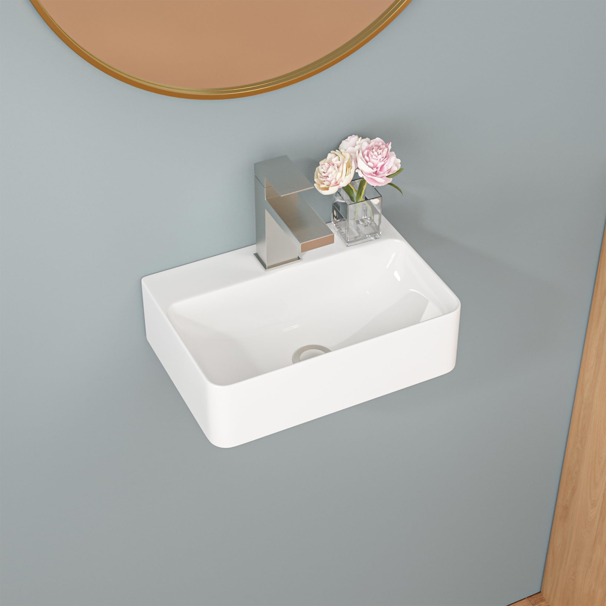 Sarlai 14in White Porcelain Ceramic Wall Mounted Floating Bathroom Sink