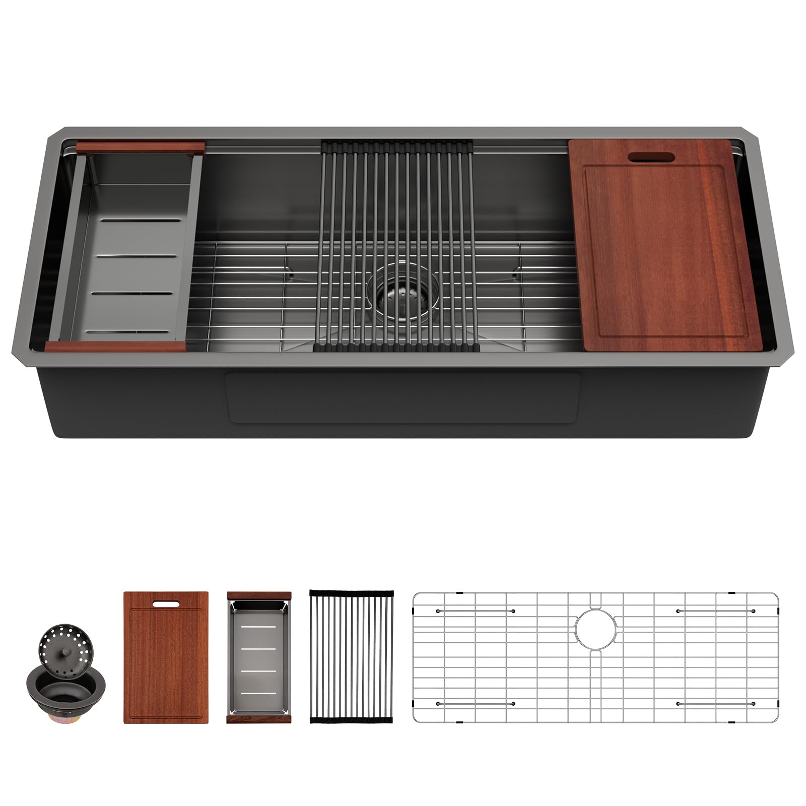Sarlai 45'' Gunmetal Black NANO-PVD Undermount Workstation Kitchen Sink, 16 Gauge Stainless Steel Round Corner Single Bowl Basin