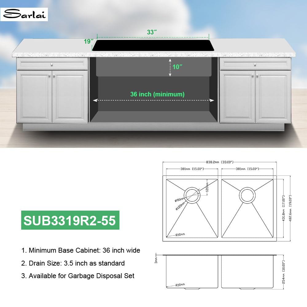 Sarlai 33 Inch Black Undermount 50/50 Double bowl Stainless Steel Kitchen Sink with Accessories
