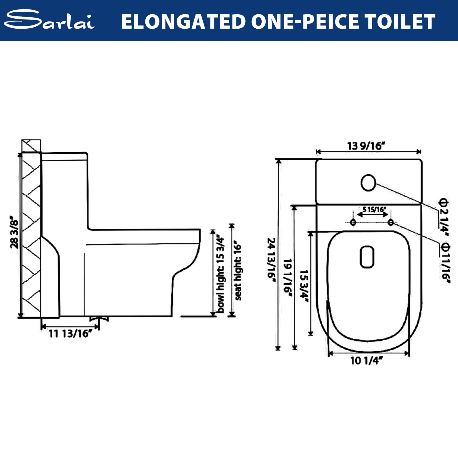 Sarlai Compact One Piece Elongated Toilet for Small Bathroom, Comfort Chair Height Dual Flush 1.1/1.6 GPF White Ceramic, 12'' Rough-In