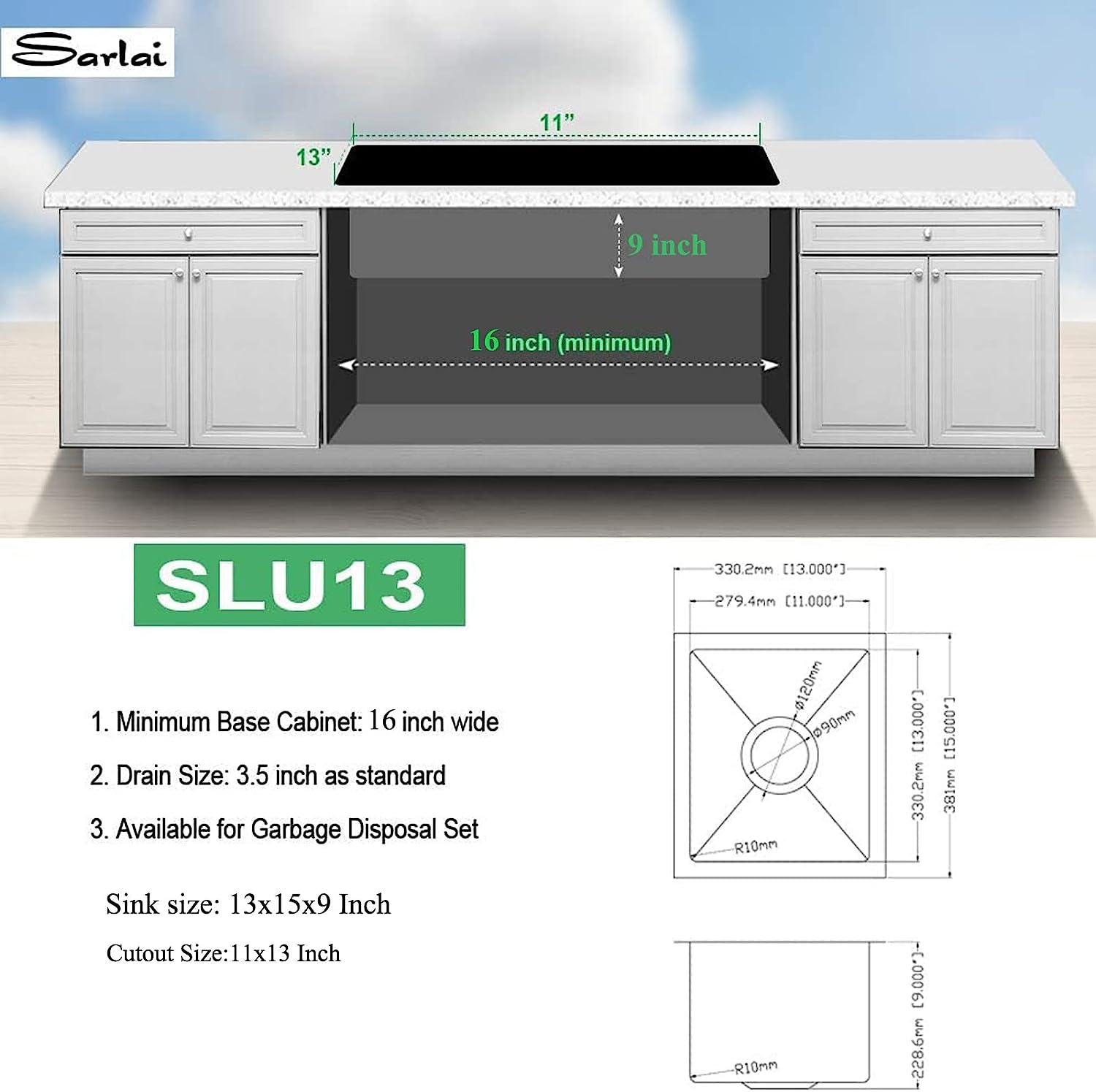 Sarlai 13in Undermount Single Bowl Stainless Steel Bar Sink