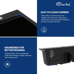 Sarlai 33''x22'' 60/40 Low Divide Double Bowl Black Granite Composite Kitchen Sink, Drop-In Ledge Workstation Quartz Composite Above Counter Basin