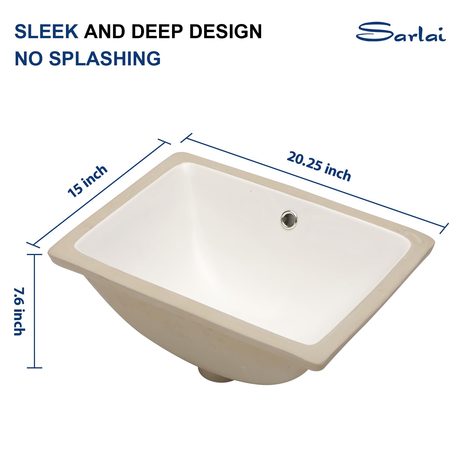 Sarlai 20in Undermount Pure White Porcelain Ceramic Lavatory Vanity Vessel Sink