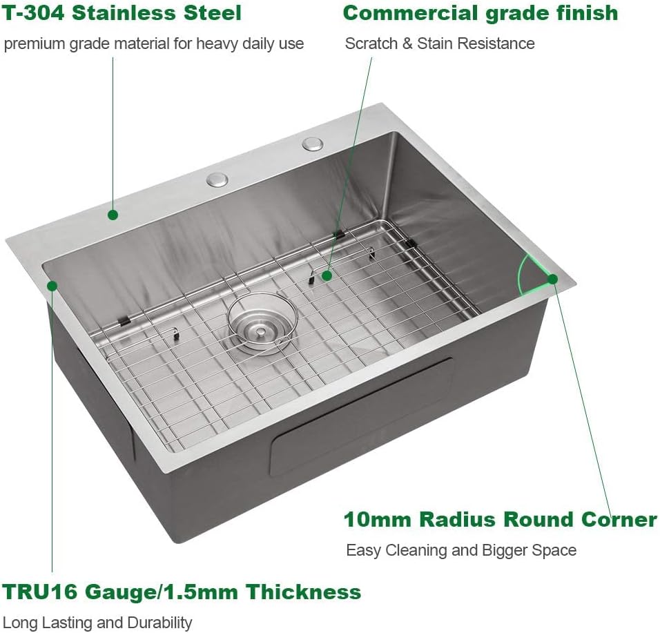 Sarlai 30'' x 22'' Stainless Steel Single Bowl Drop-In Kitchen Sink