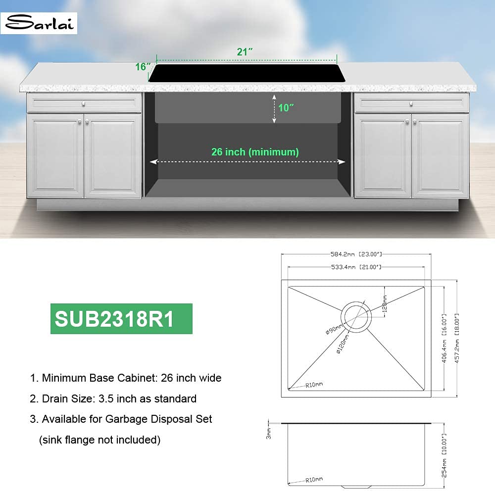 Sarlai 23'' x 18'' Undermount Stainless Steel Gunmetal Black Single Bowl Bar Sink