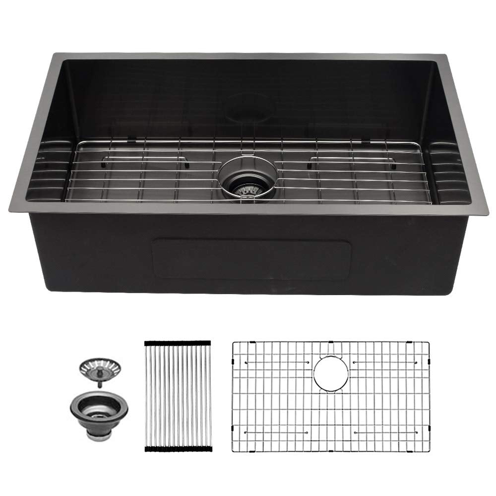 Sarlai 30in Undermount Single Bowl Gunmetal Black Stainless Steel Kitchen Sink