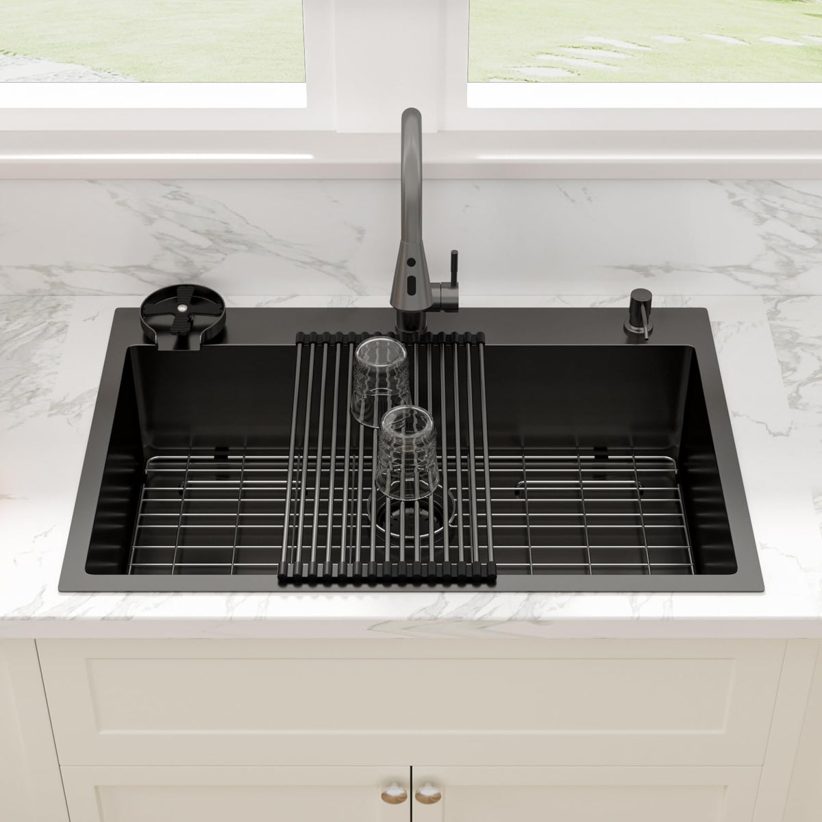 Sarlai 33''x22'' Gunmetal Black Drop-In Kitchen Sink, 16 Gauge Stainless Steel Topmount Single Bowl with Matching Kitchen Faucet Main image