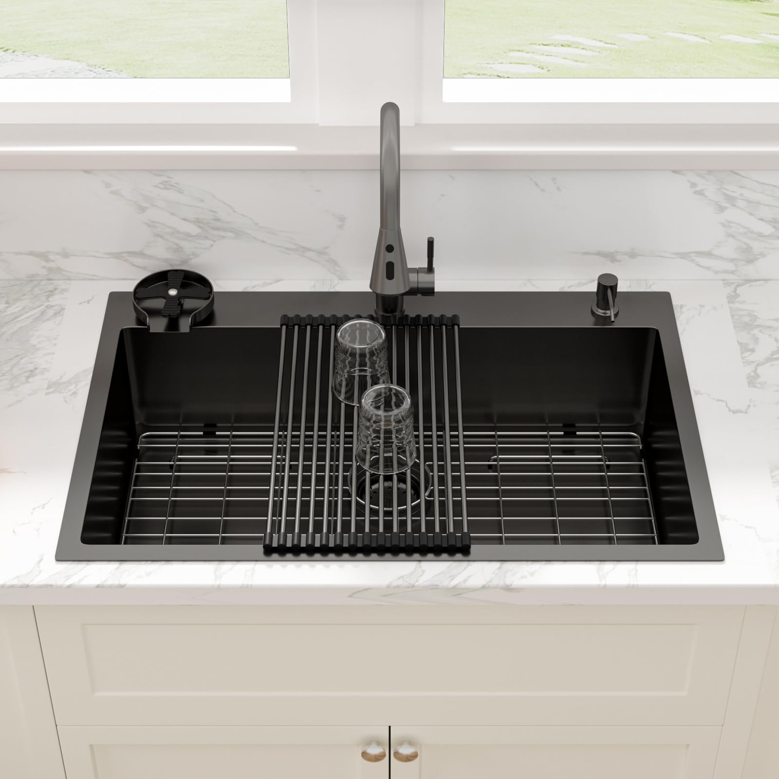 Sarlai 33''x22'' Gunmetal Black Drop-In Kitchen Sink, 16 Gauge Stainless Steel Topmount Single Bowl with Matching Kitchen Faucet