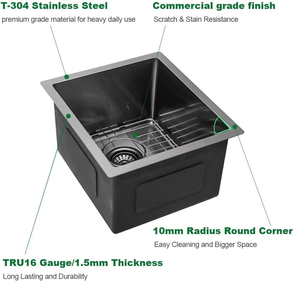 Sarlai 15in Undermount Gunmetal Black Nano Brushed Single Bowl Stainless Steel Bar Sink