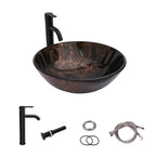 Sarlai Brown Round Tempered Glass Bathroom Vessel Sink, Countertop Basin with Faucet & Pop-up Drain Combo