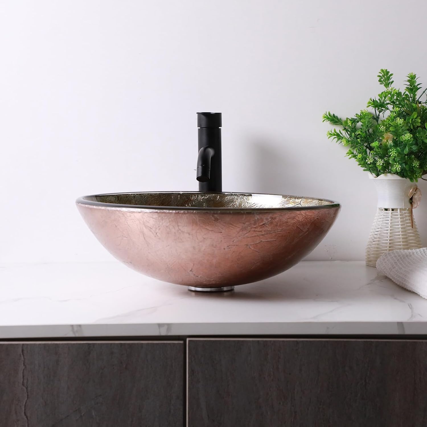 Sarlai 16.5''x16.5'' Yellow Round Tempered Glass Bathroom Vessel Sink, Countertop Basin with Faucet & Pop-up Drain Combo