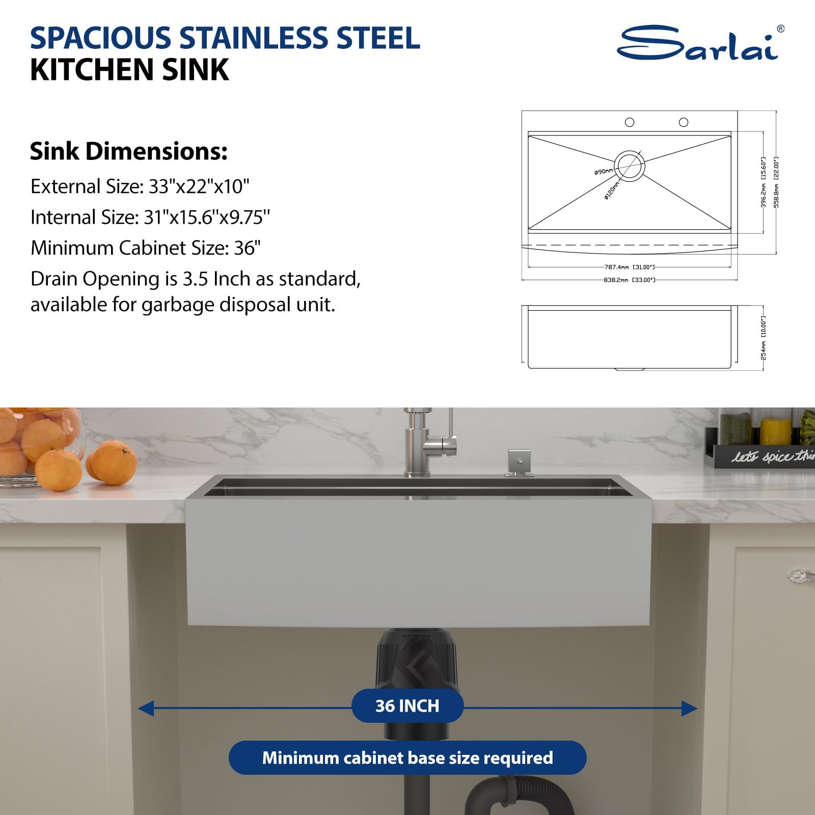 Sarlai 33 Drop In Farmhouse Kithchen Sink - 33 x 22 Inch Apron Front Ledge Workstation16 Gauge Stainless Steel Single Bowl Topmount Farm Sinks