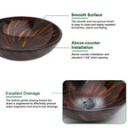 Sarlai 16.5''x16.5'' Brown Artistic Round Tempered Glass Bathroom Vessel Sink, Vanity Countertop Basin with Pop-up Drain