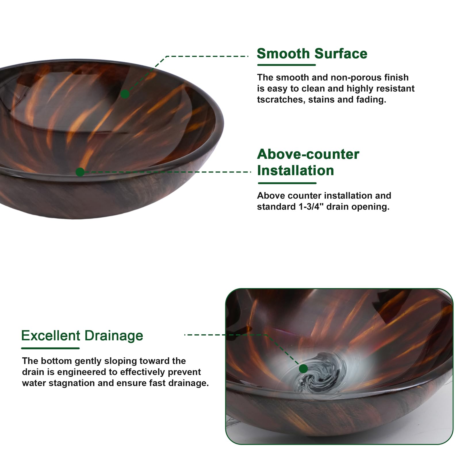 Sarlai 16.5''x16.5'' Brown Artistic Round Tempered Glass Bathroom Vessel Sink, Vanity Countertop Basin with Pop-up Drain