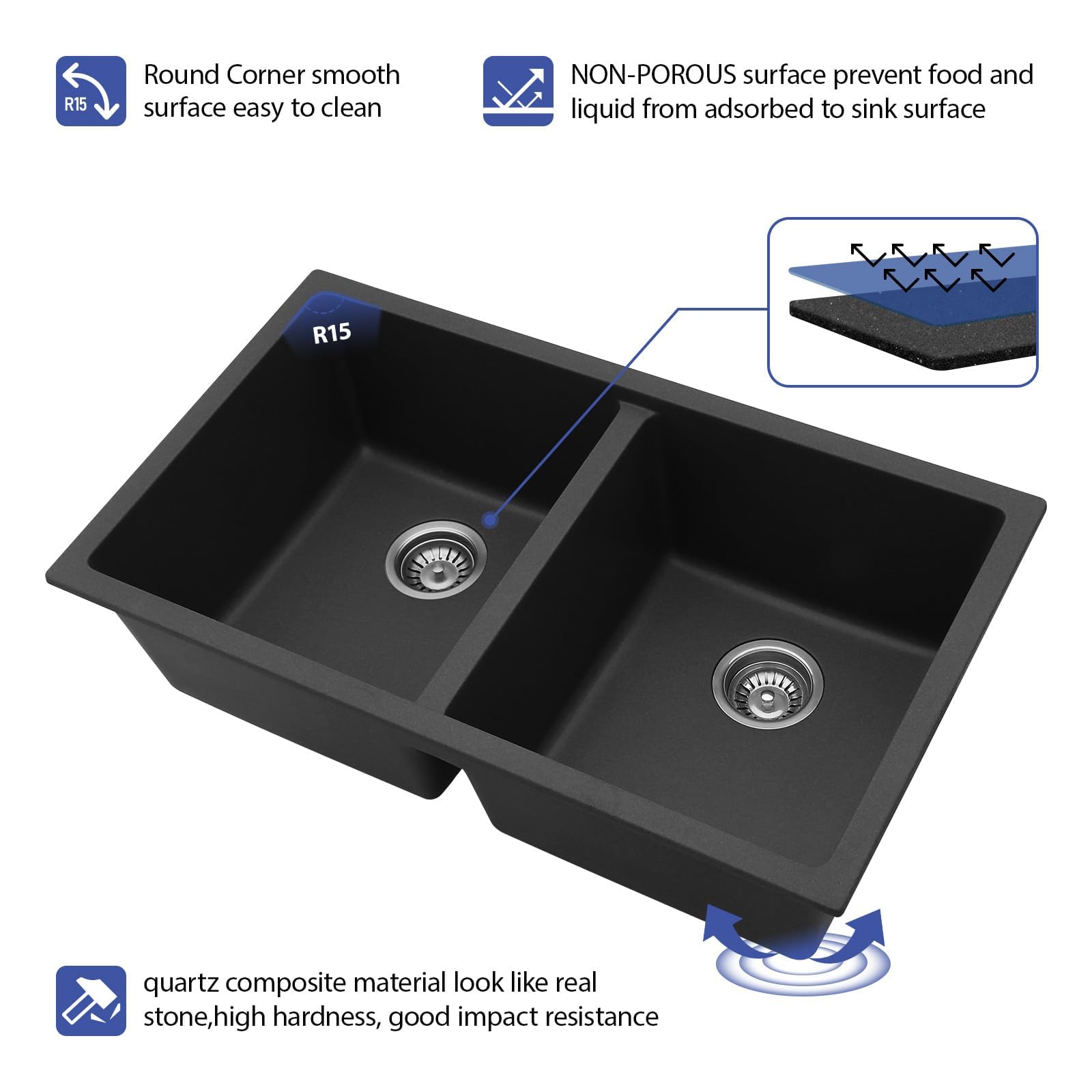Sarlai 33''x19'' 50/50 Double Bowl Matte Black Granite Composite Kitchen Sink, Undermount Quartz Under Counter Basin with Complete Accessories