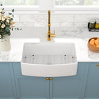 Sarlai 33''x19'' Curved Apron Front White Vitreous Fireclay Farmhouse Sink, Single Bowl Porcelain Ceramic Farm Kitchen Basin