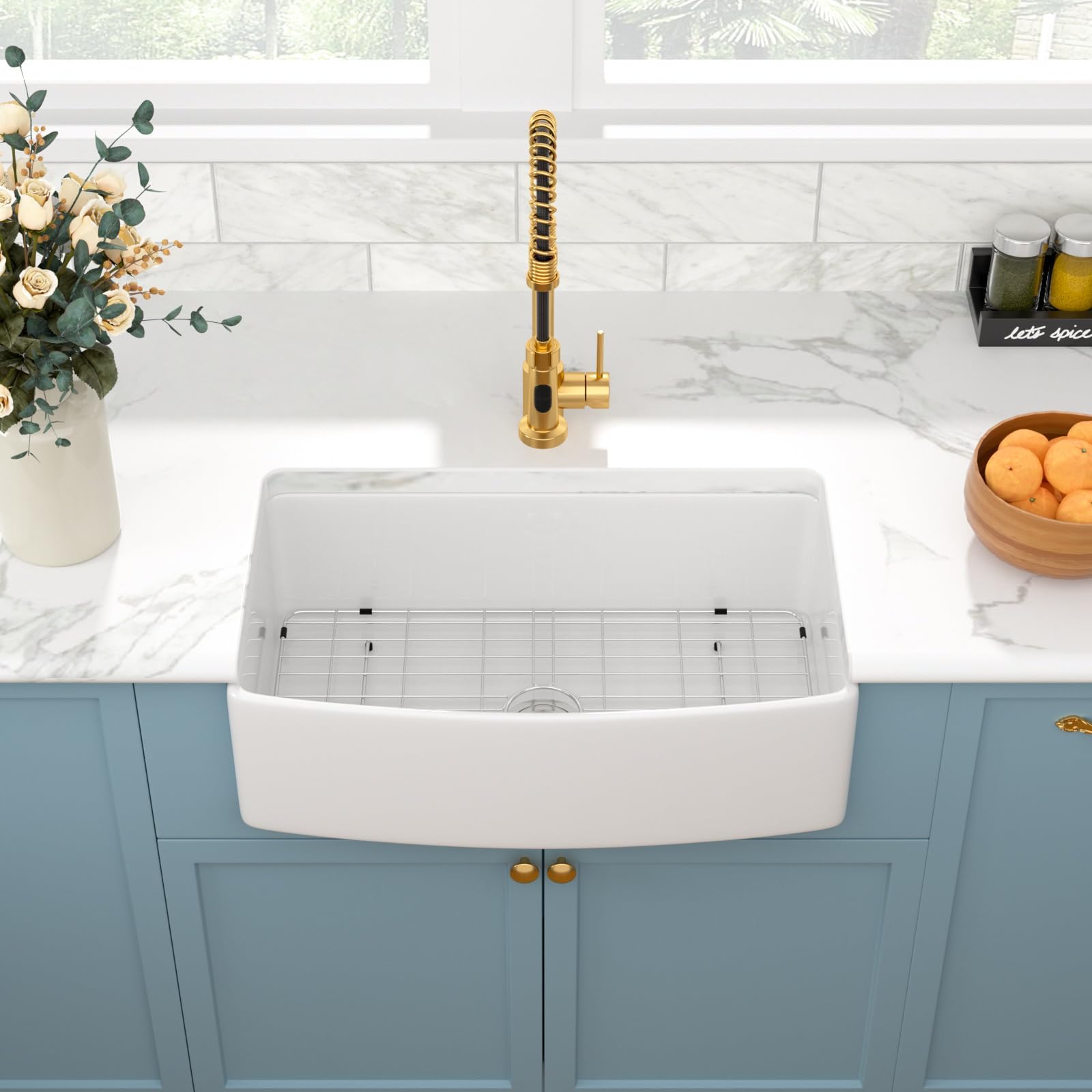 Sarlai 33''x19'' Curved Apron Front White Vitreous Fireclay Farmhouse Sink, Single Bowl Porcelain Ceramic Farm Kitchen Basin