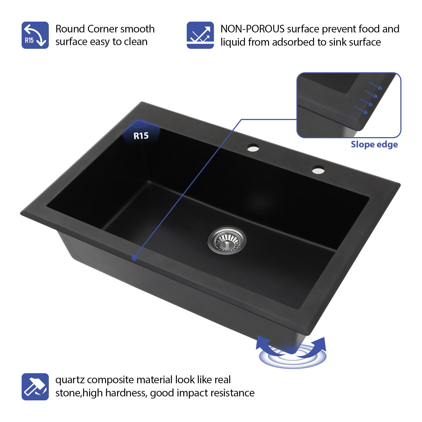 Sarlai 33in Drop In Matte Black Single Bowl Granite Quartz Composite Kitchen Sink