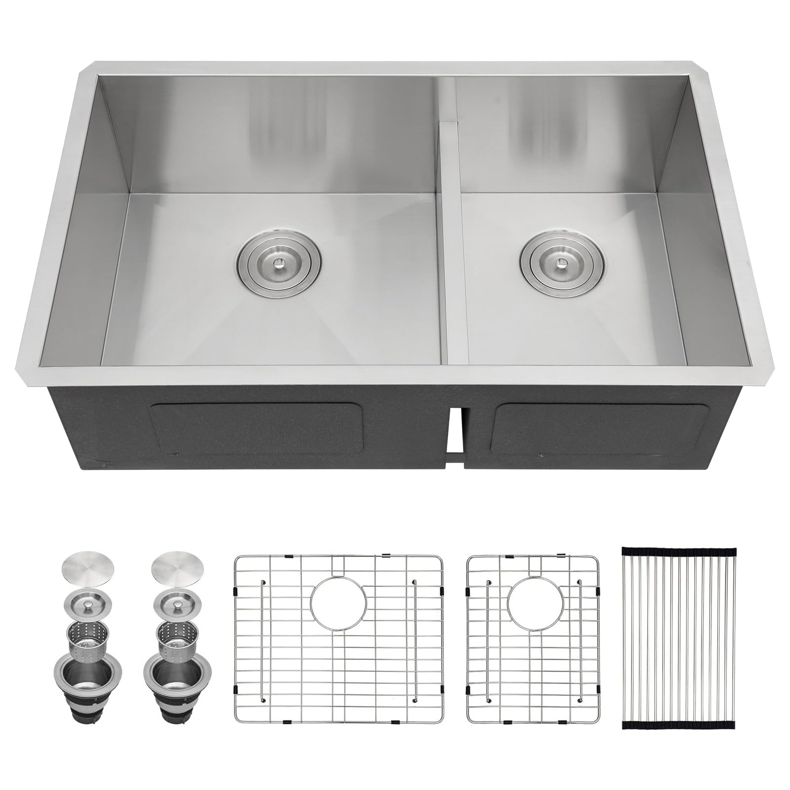 Sarlai 36in Undermount Double Bowl 60/40 Low Divide Stainless Steel Kitchen Sink with Accessories