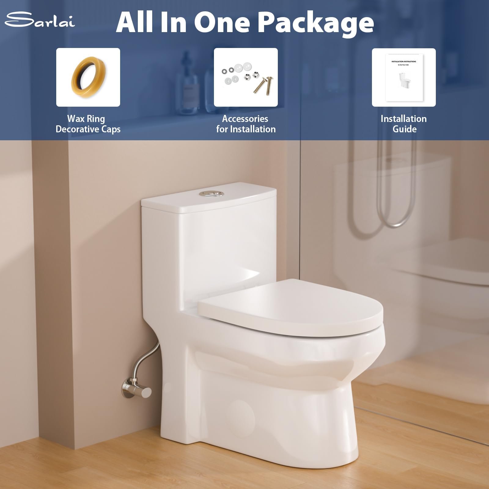 Sarlai Compact One Piece Elongated Toilet for Small Bathroom, Comfort Chair Height Dual Flush 1.1/1.6 GPF White Ceramic, 12'' Rough-In