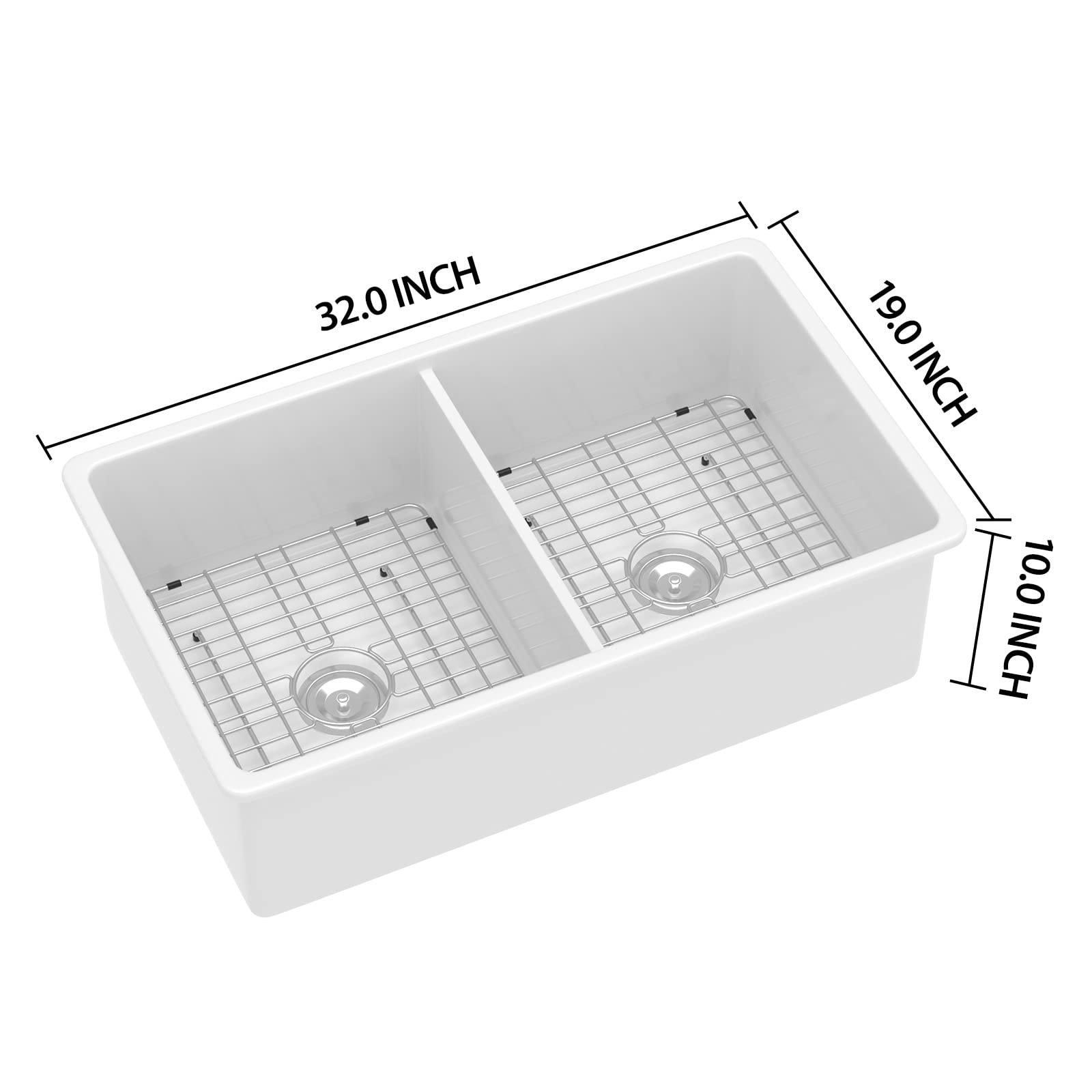 Sarlai 32 White Undermount Kitchen Sink Double Bowl - 32 Inch Drop Kitchen Sink Double Basin 50/50 Divide White Porcelain Ceramic Fireclay Undermount Drop/Undermount Kitchen Sinks Basin