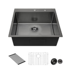 Sarlai 25in Drop In Gunmetal Black Single Bowl Stainless Steel Kitchen Sink