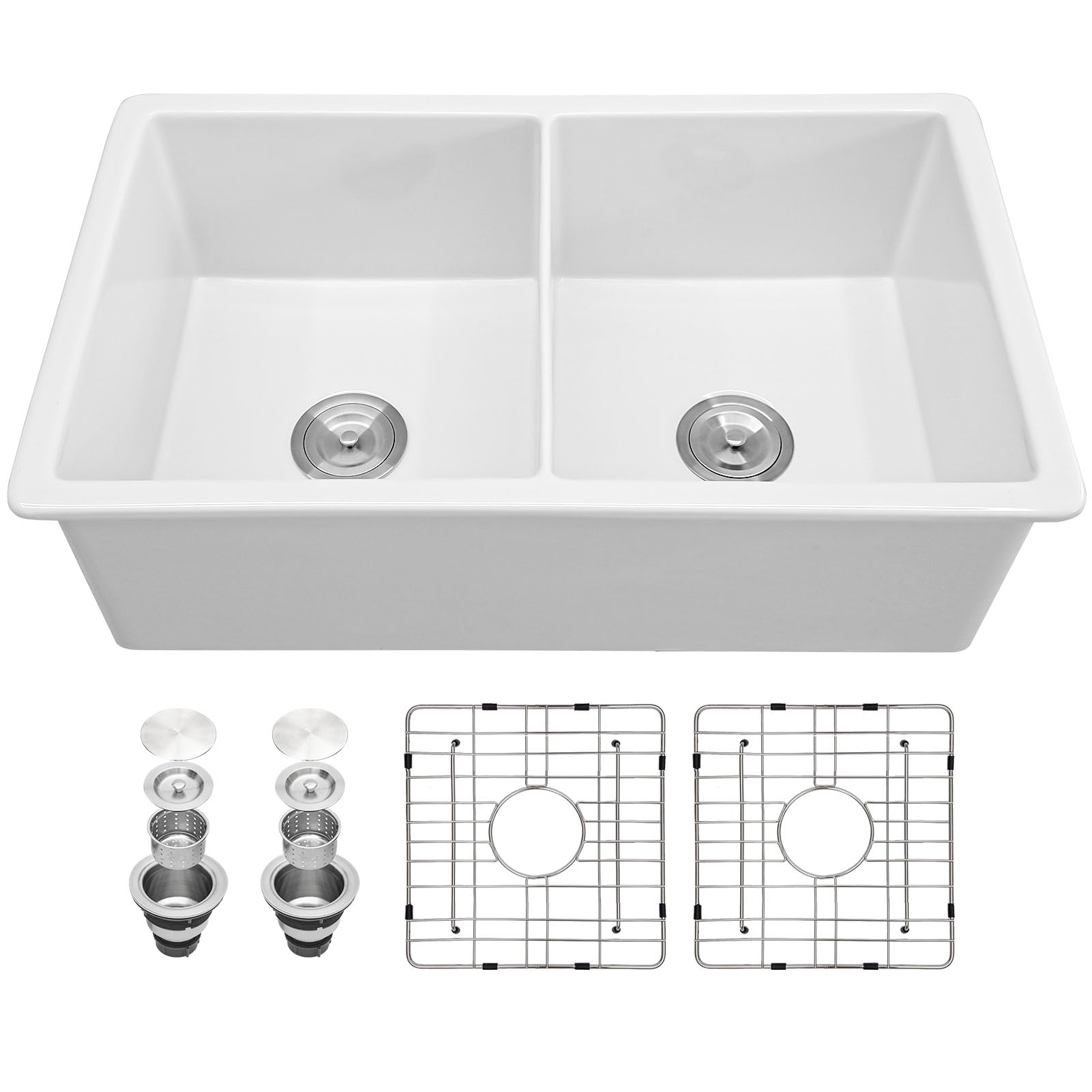 Sarlai 32''x19'' White Porcelain Ceramic Double Bowl Fireclay Farmhouse Sink