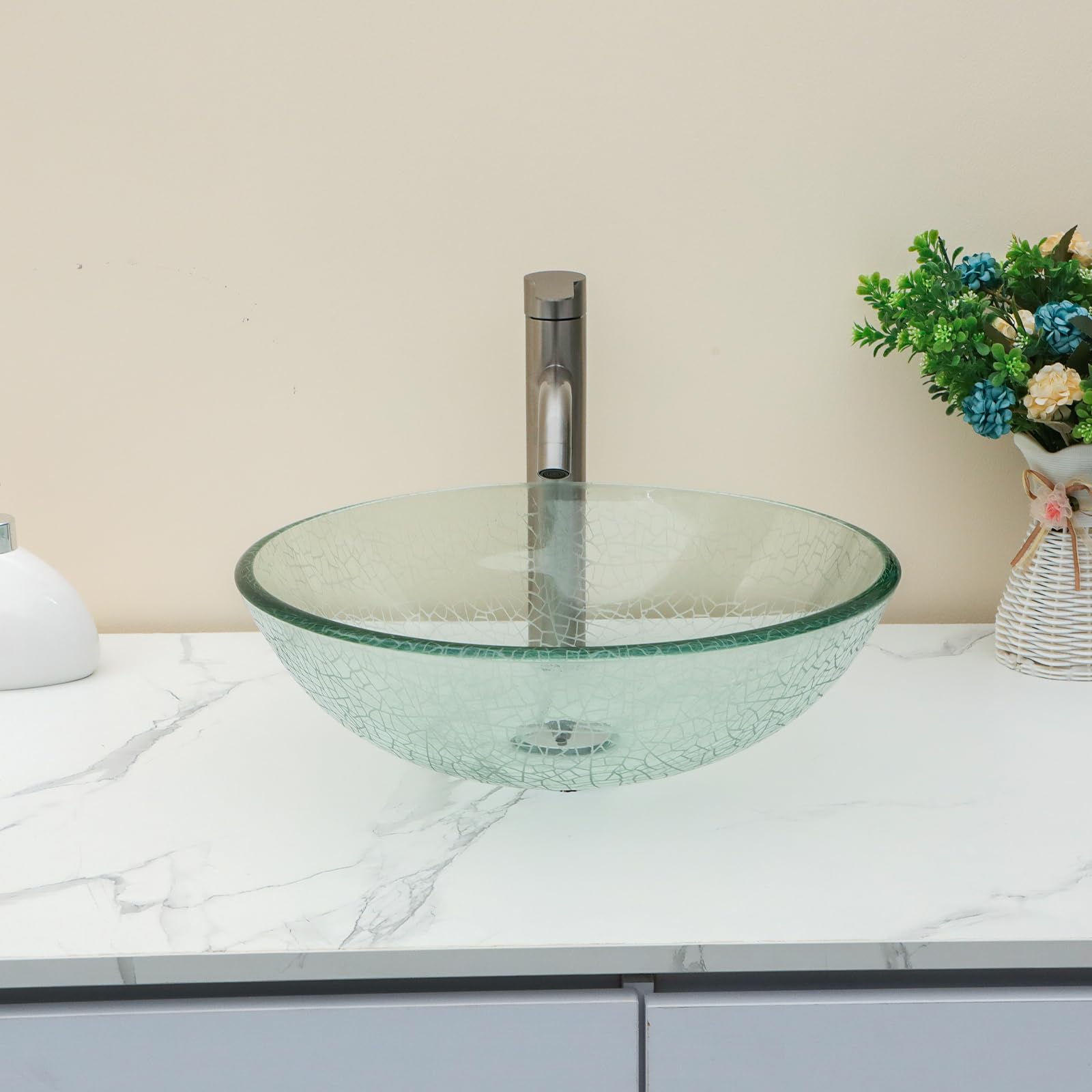 Sarlai 16.5''x16.5'' Artistic Round Tempered Glass Bathroom Vessel Sink, Vanity Countertop Basin with Pop-up Drain