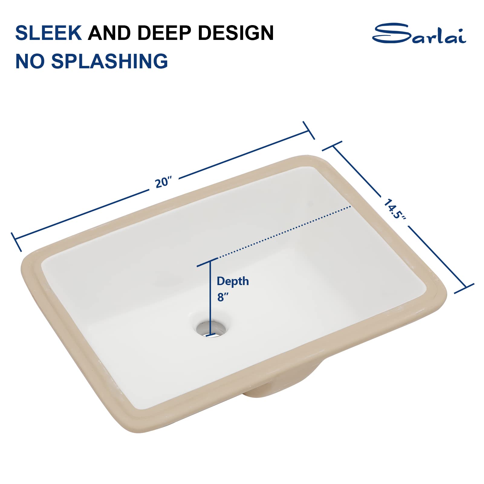 Sarlai Undermount Bathroom Sink - 20 x 14.5 inch Rectangular Vessel Sink Undermount Sink Modern White Ceramic Rectangle Sink, Under Counter Vanity Sink Art Basin with Overflow