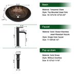 Sarlai Brown Round Tempered Glass Bathroom Vessel Sink, Countertop Basin with Faucet & Pop-up Drain Combo