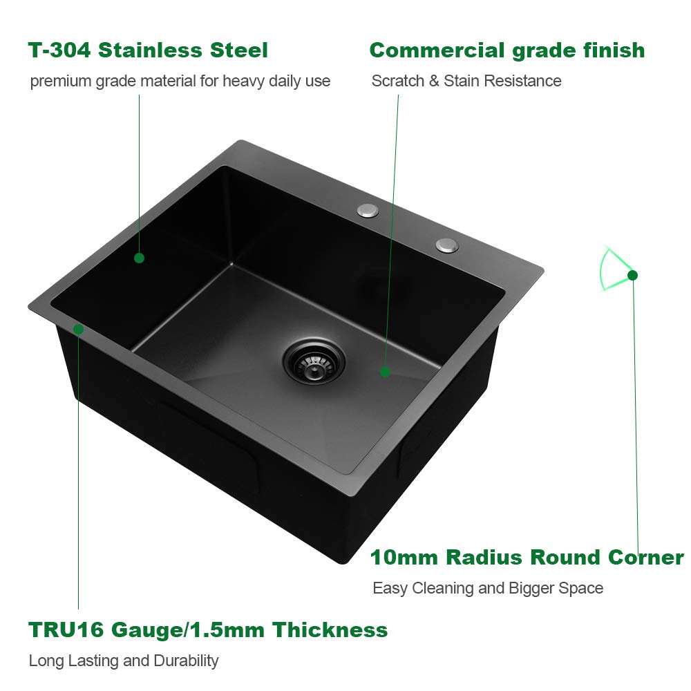 Sarlai 25in Drop In Gunmetal Black Single Bowl Stainless Steel Kitchen Sink