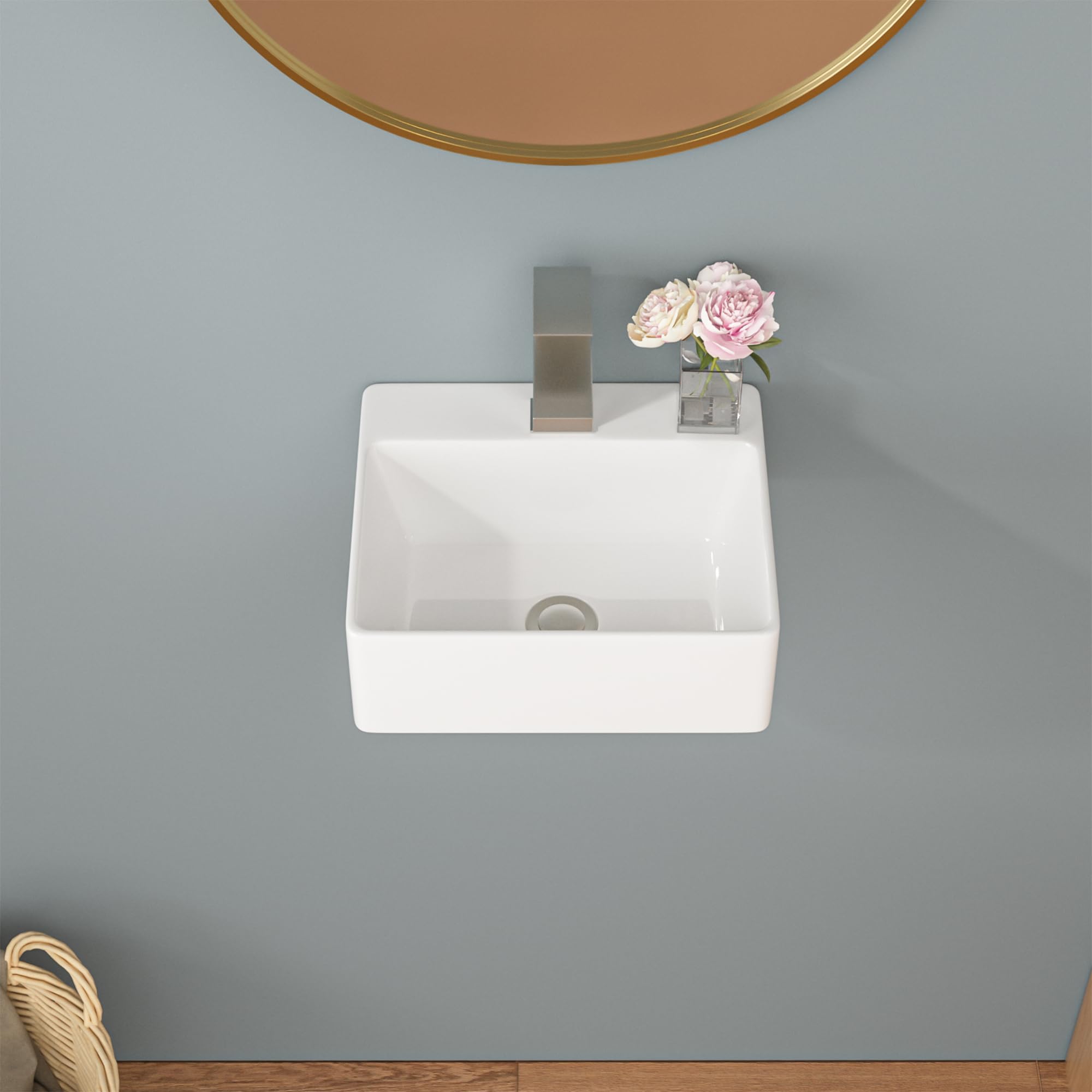 Sarlai Wall Mount Hung Small Vessel Sink - 13''x11'' Floating Vessel Sink Wall Mounted Small Bathroom Sinks Tiny Modern Rectangle Floating White Porcelain Ceramic Vanity Sink Secondary image