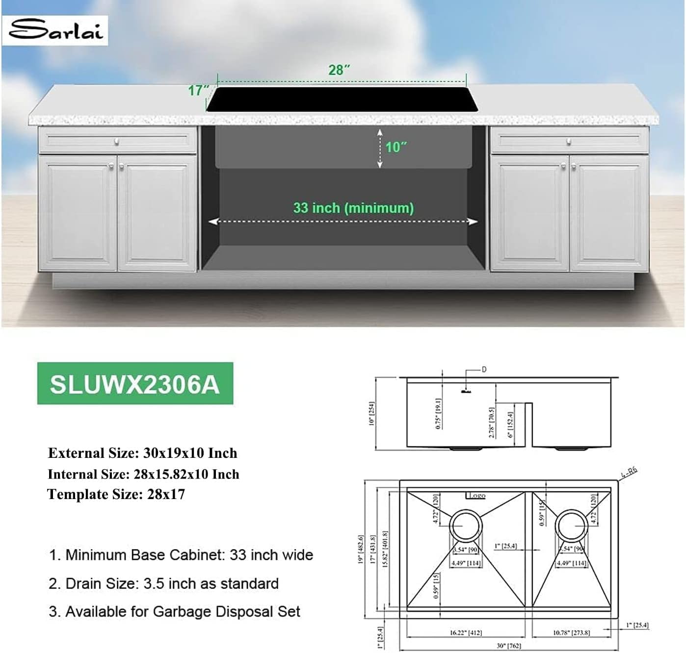 Sarlai 30'' x 19'' Undermount 60/40 Low Divided Stainless Steel Workstation Kitchen Sink