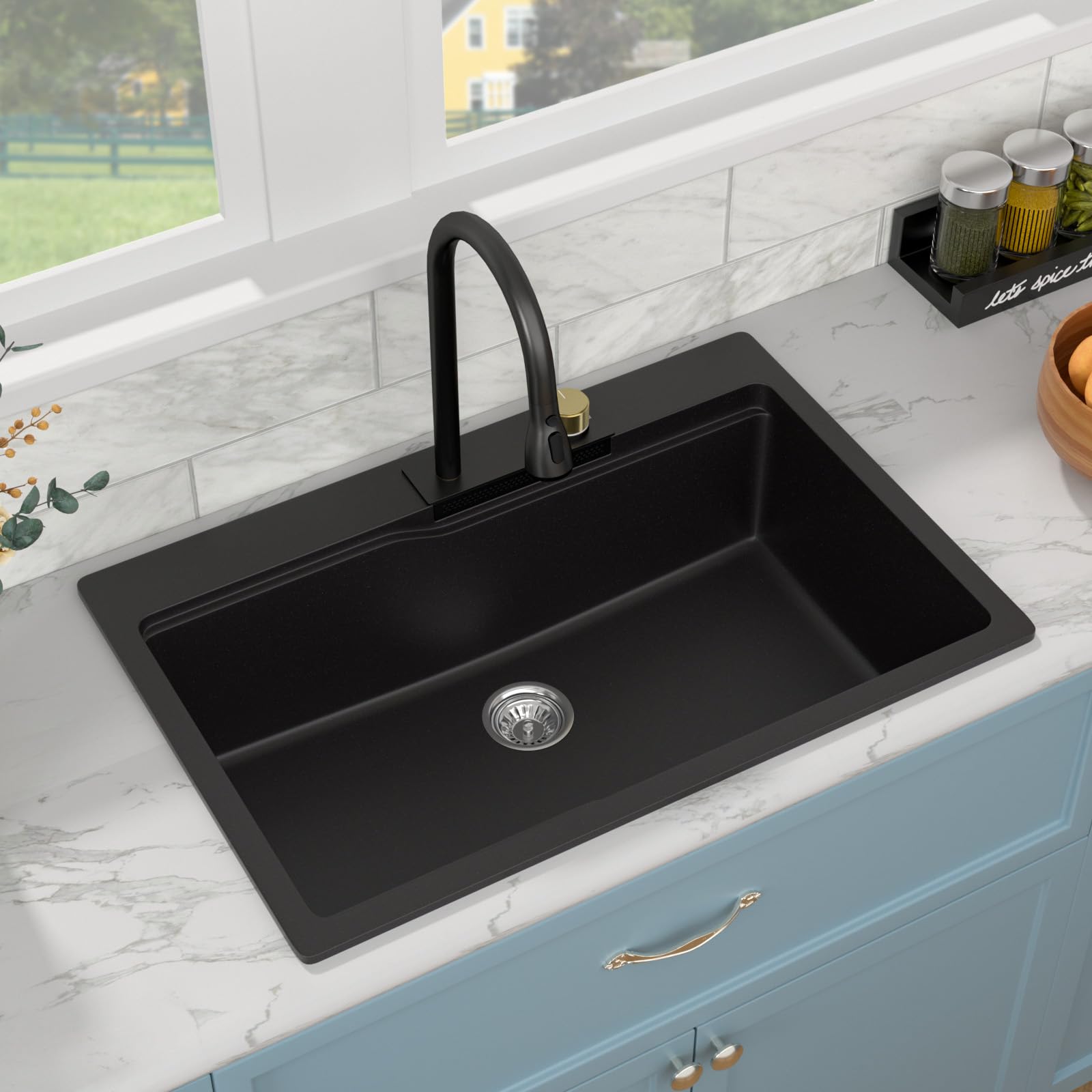 Sarlai 33'' x 22'' Black Quartz Drop-in Waterfall Single Bowl Workstation Kitchen Sink